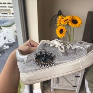 Kurt Geiger Gray Velvet Women's Sneakers with Eye Embellishment